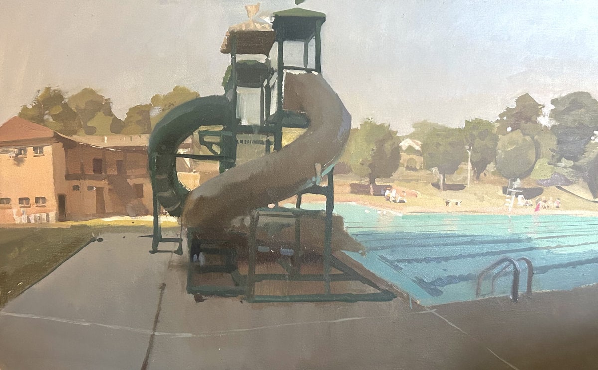 Martin Geiger, Pool Slide, Oil on Linen, 26”x42”